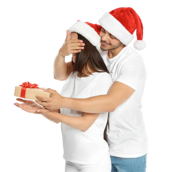 Young Man Giving Gift Box Girlfriend White Background Happy Couple Stock Image