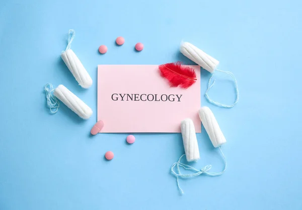 Flat Lay Composition Card Pills Tampons Color Background Gynecological Care — Stock Photo, Image