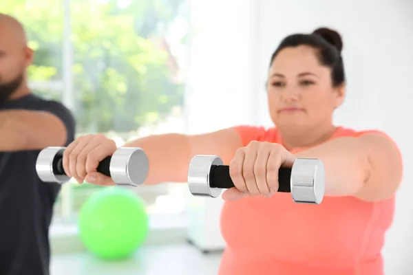 Overweight Man Woman Doing Exercise Dumbbells Gym — Stock Photo, Image