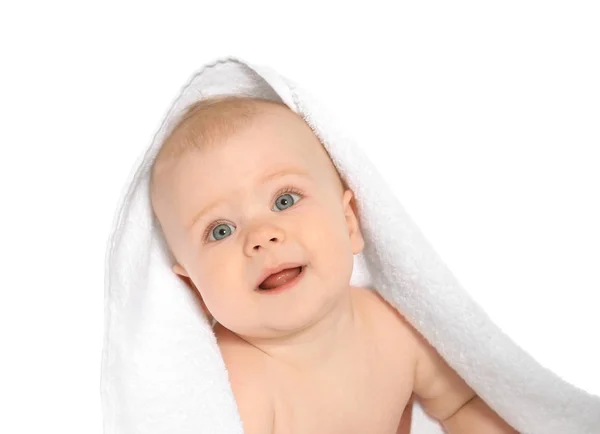 Симпатичный Малыш Мягким Полотенцем Белом Фоне — стоковое фото