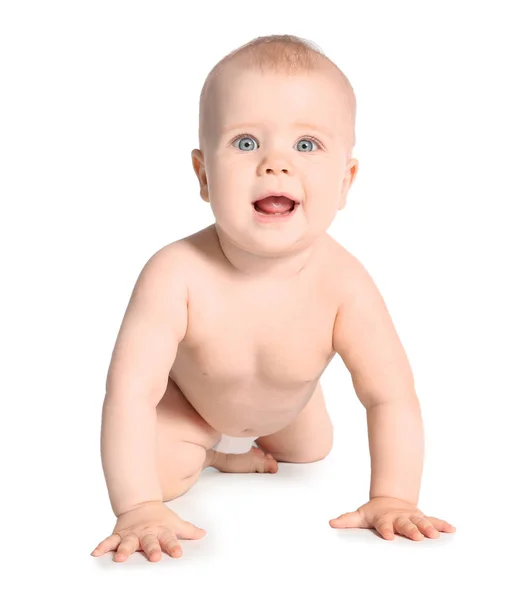 Carino Piccolo Bambino Strisciando Sfondo Bianco — Foto Stock