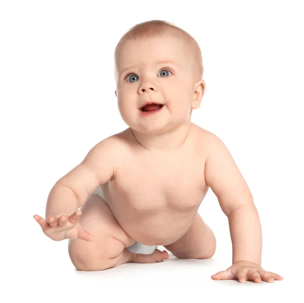 Lindo Bebé Arrastrándose Sobre Fondo Blanco — Foto de Stock