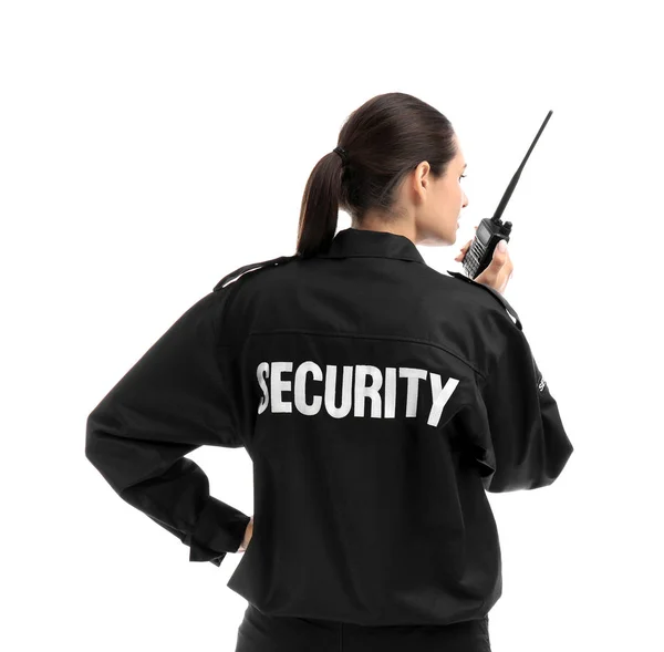 Guardia Sicurezza Femminile Utilizzando Trasmettitore Radio Portatile Sfondo Bianco — Foto Stock