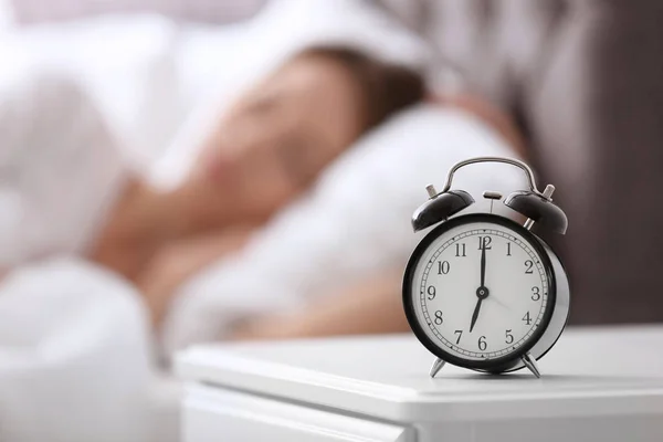 Alarm Clock Table Woman Bedroom Sleeping Time — Stock Photo, Image