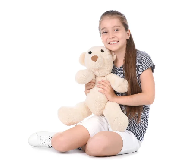 Petit Enfant Ludique Avec Jouet Peluche Sur Fond Blanc Divertissement — Photo