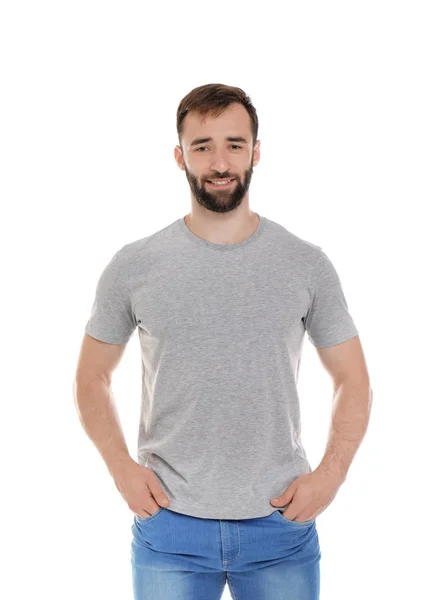 Νεαρός Άνδρας Shirt Άσπρο Φόντο Κοροϊδεύω Για Σχεδίαση — Φωτογραφία Αρχείου