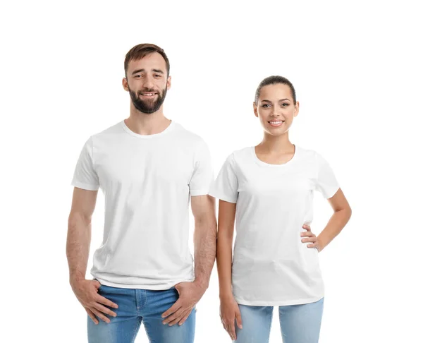 Casal Jovem Camisetas Fundo Branco Mockup Para Design — Fotografia de Stock