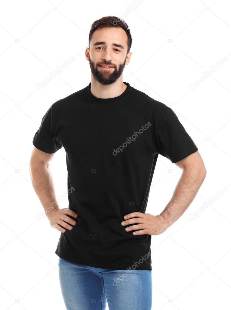 Young man in t-shirt on white background. Mockup for design