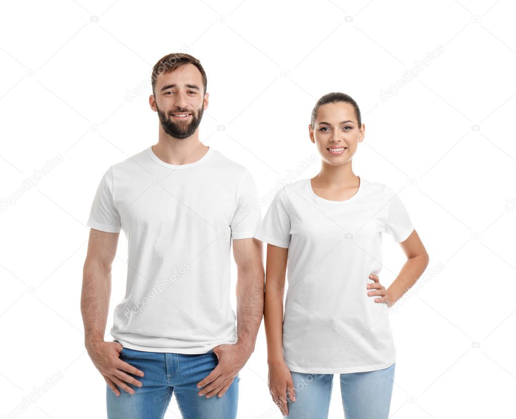 Young couple in t-shirts on white background. Mockup for design