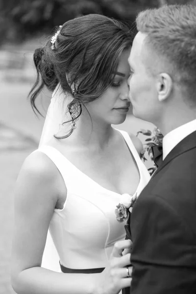 Happy Newlyweds Kissing Outdoors Black White Effect — Stock Photo, Image