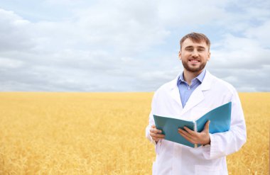 Tahıl alanında genç ziraat mühendisi. Tahıl tarım