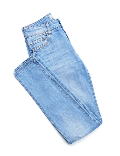 Stijlvolle Jeans Witte Achtergrond Bovenaanzicht — Stockfoto