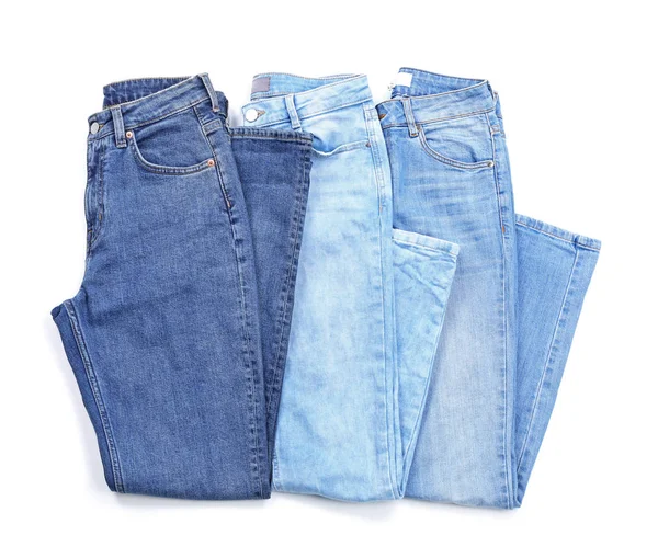 Jeans Élégants Sur Fond Blanc Vue Dessus — Photo