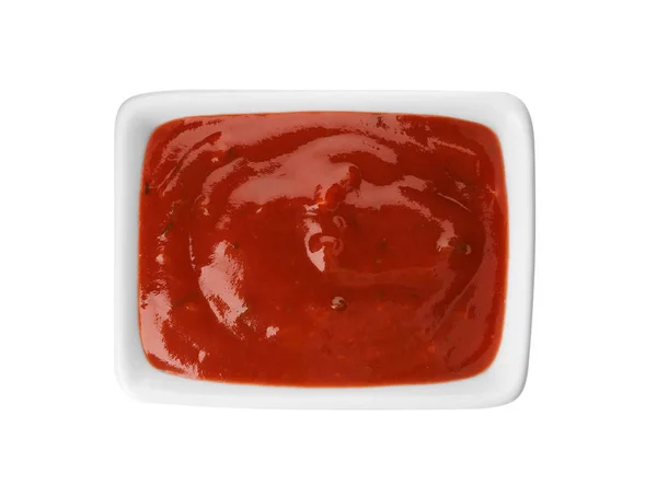 Rectangular Bowl Spicy Chili Sauce White Background Top View — Stock Photo, Image