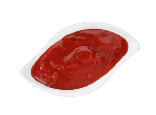 Gravy Boat Spicy Chili Sauce White Background Top View — Stock Photo, Image