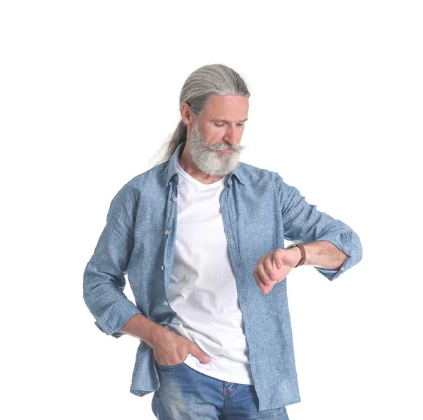 Handsome Bearded Mature Man White Background — Stock Photo, Image