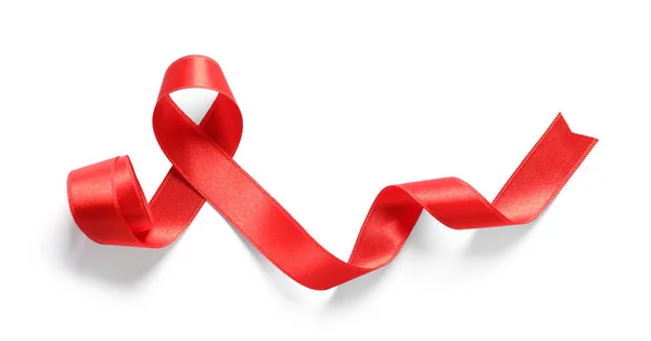 Κόκκινη Κορδέλα Άσπρο Φόντο Top View Συνειδητοποίησης Καρκίνου Του — Φωτογραφία Αρχείου
