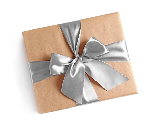 Beautifully Wrapped Gift Box White Background Top View — Stock Photo, Image