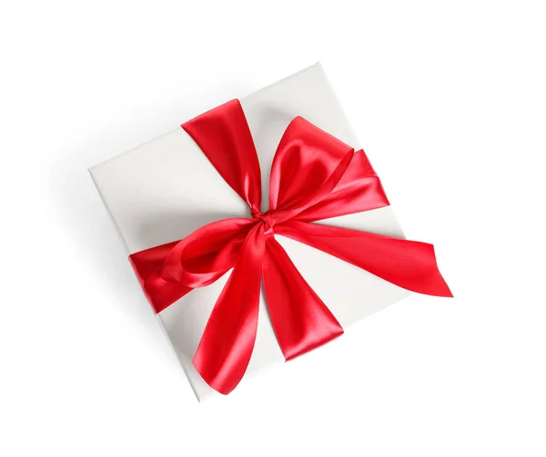 Gift Box Ribbon White Background Top View — Stock Photo, Image