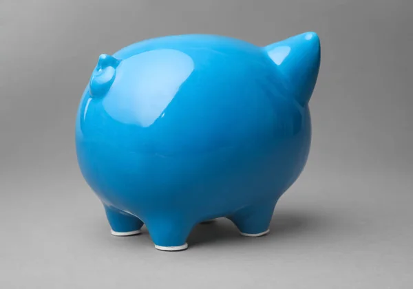 Bonito Banco Porquinho Azul Fundo Cinza — Fotografia de Stock