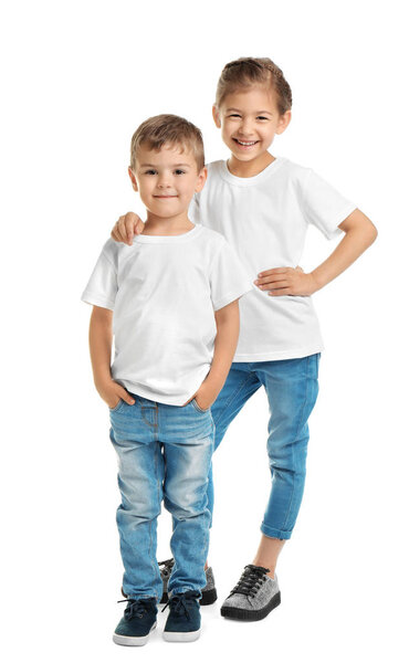 Little kids in t-shirts on white background. Mockup for design