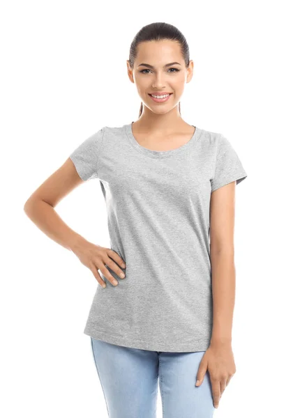 Mujer Joven Camiseta Sobre Fondo Blanco Burla Para Diseño — Foto de Stock