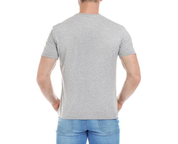 Jongeman Shirt Witte Achtergrond Mockup Voor Ontwerp — Stockfoto