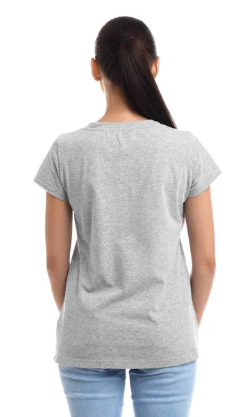 Jeune Femme Shirt Sur Fond Blanc Maquette Pour Design — Photo