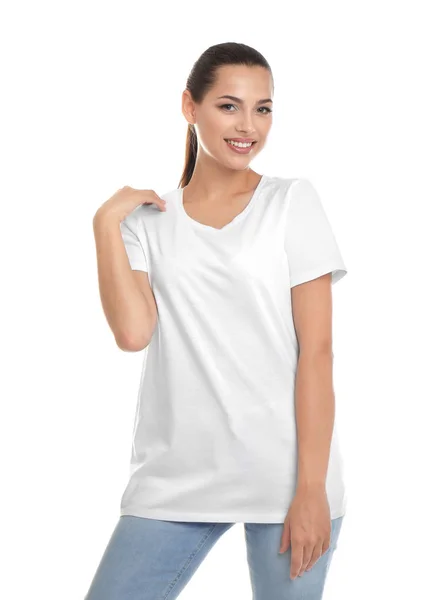 Ung Kvinna Shirt Vit Bakgrund Mockup För Design — Stockfoto