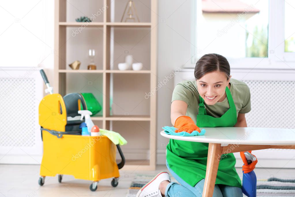 Young woman cleaning table with rag indoors