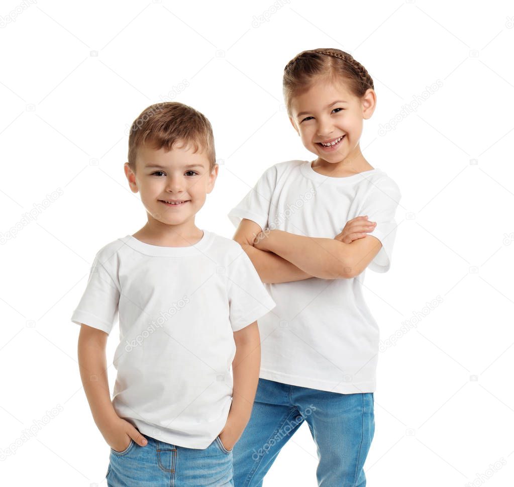 Little kids in t-shirts on white background. Mockup for design