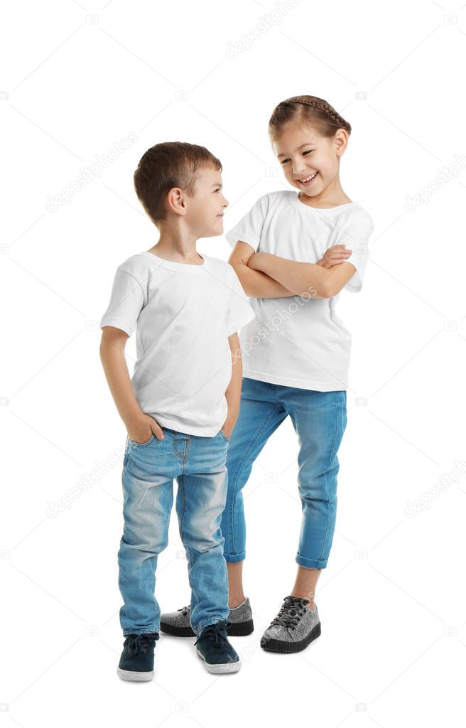 Little kids in t-shirts on white background. Mockup for design