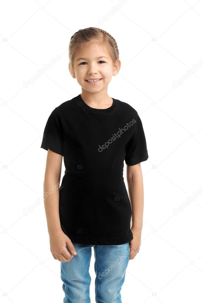 Little girl in t-shirt on white background. Mockup for design