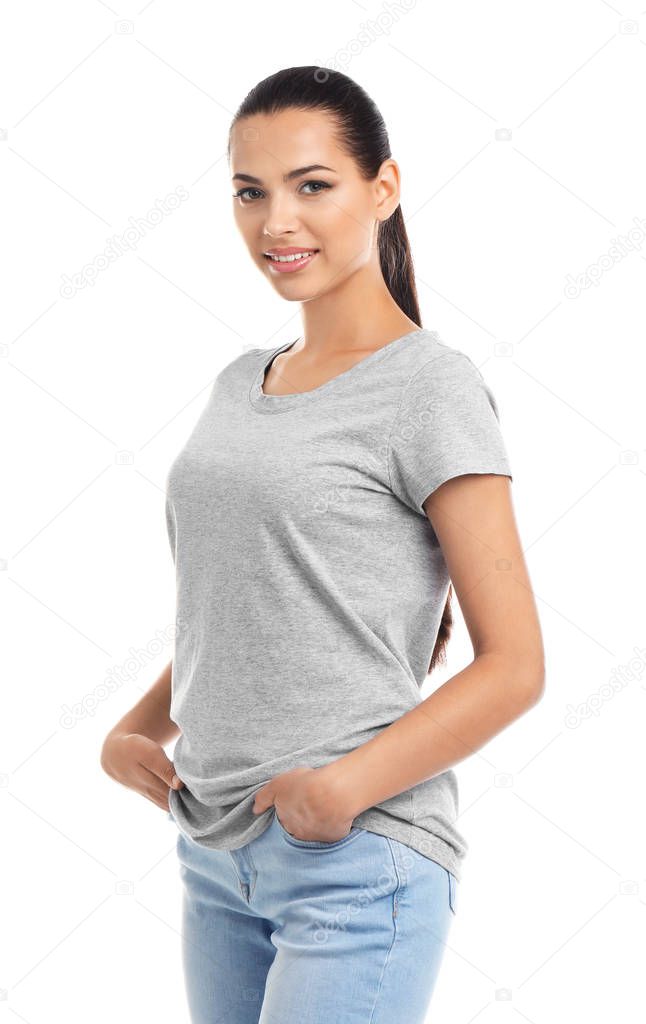 Young woman in t-shirt on white background. Mockup for design