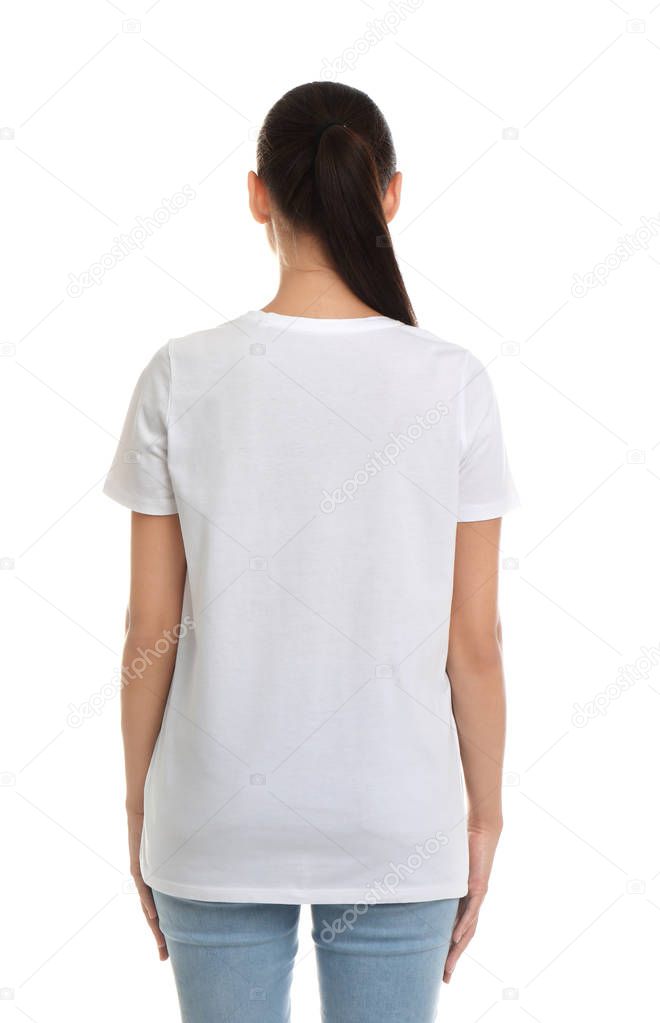 Young woman in t-shirt on white background. Mockup for design
