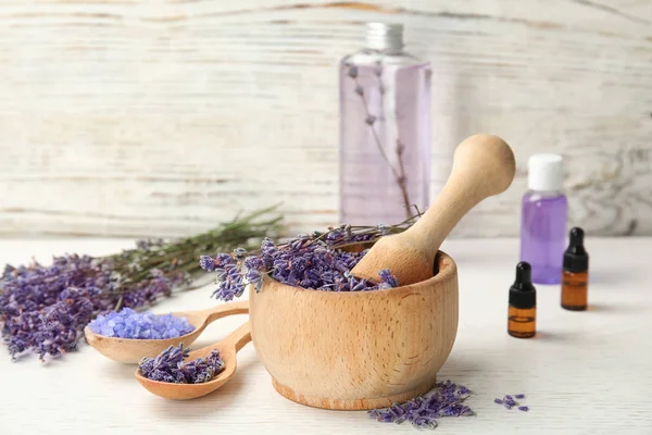 Samenstelling Met Lavendel Natuurlijke Cosmetica Tafel — Stockfoto