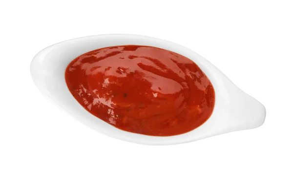 Bateau Sauce Avec Sauce Chili Épicée Sur Fond Blanc Vue — Photo