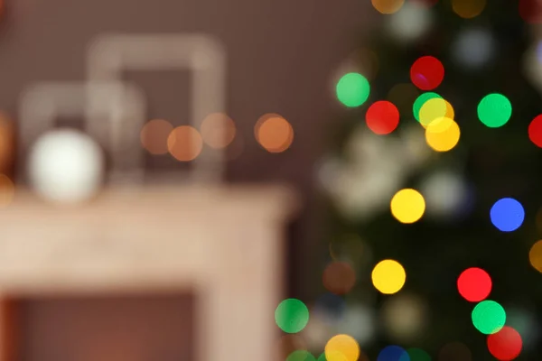 Rozmazaný Pohled Interiér Pokoje Nazdobený Vánoční Stromeček — Stock fotografie