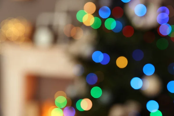 Vista Sfocata Degli Interni Della Camera Con Albero Natale Decorato — Foto Stock