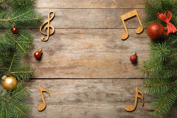 Lapos Laikus Összetétele Dekorációk Megjegyzések Fából Készült Háttér Karácsonyi Zene — Stock Fotó