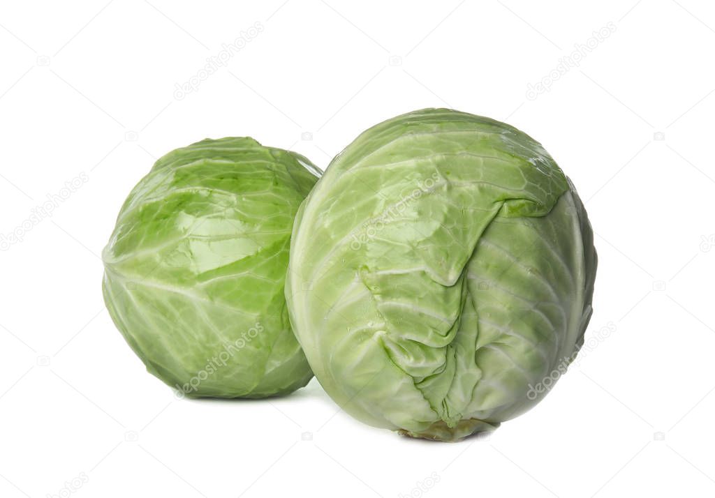 Whole cabbages on white background. Healthy food