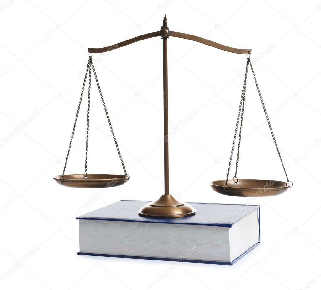 Scales of justice and book on white background. Law concept