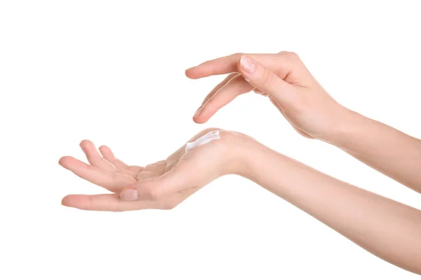 Jonge Vrouw Hand Crème Tegen Toe Passen Witte Achtergrond — Stockfoto