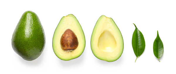 Composition with ripe fresh avocados on white background
