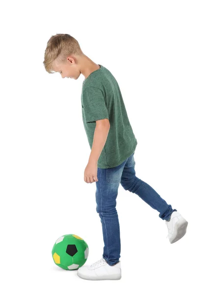 Niño Jugando Con Pelota Fútbol Sobre Fondo Blanco Entretenimiento Interior —  Fotos de Stock