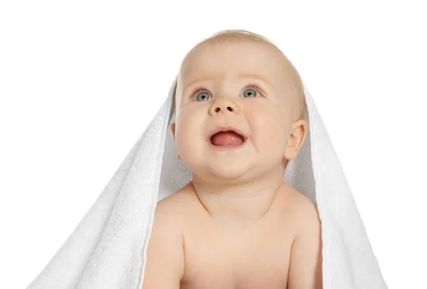 Schattige Kleine Baby Met Zachte Handdoek Witte Achtergrond — Stockfoto