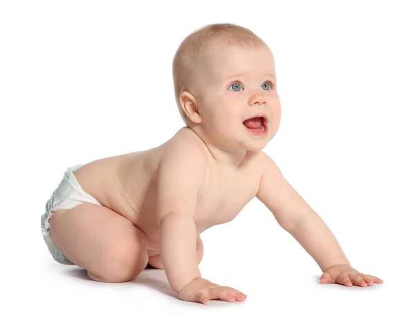 Lindo Bebé Arrastrándose Sobre Fondo Blanco — Foto de Stock