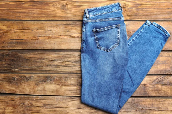 Blue Jeans Wooden Background Top View — Stock Photo, Image