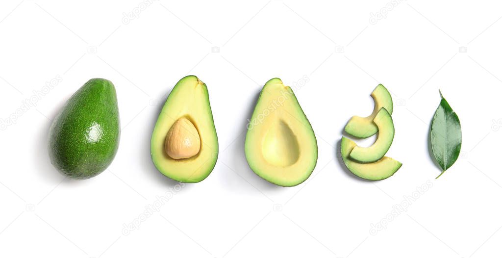 Composition with ripe fresh avocados on white background