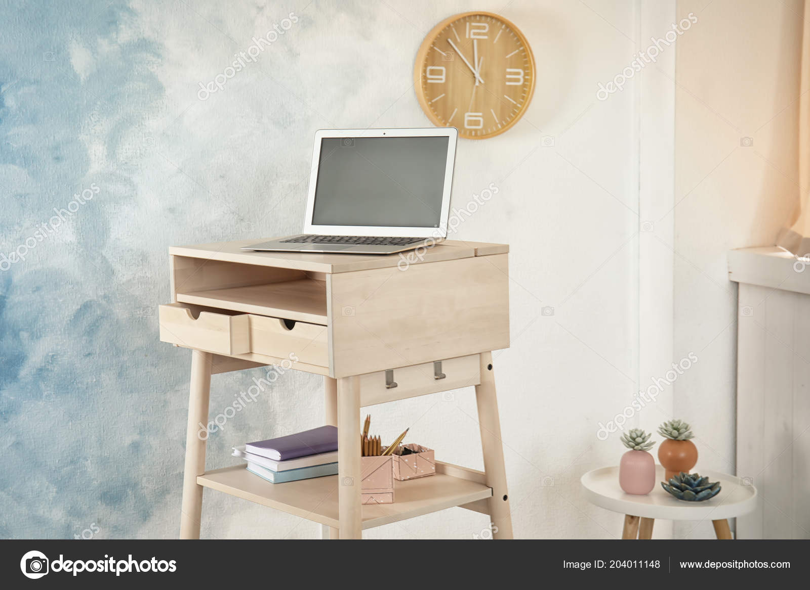 High Wooden Table Laptop Stand Workplace Modern Interior Stock